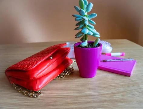 On the dressing table bag, flower, notebook, pen, candle all in pink tone Stock Photos