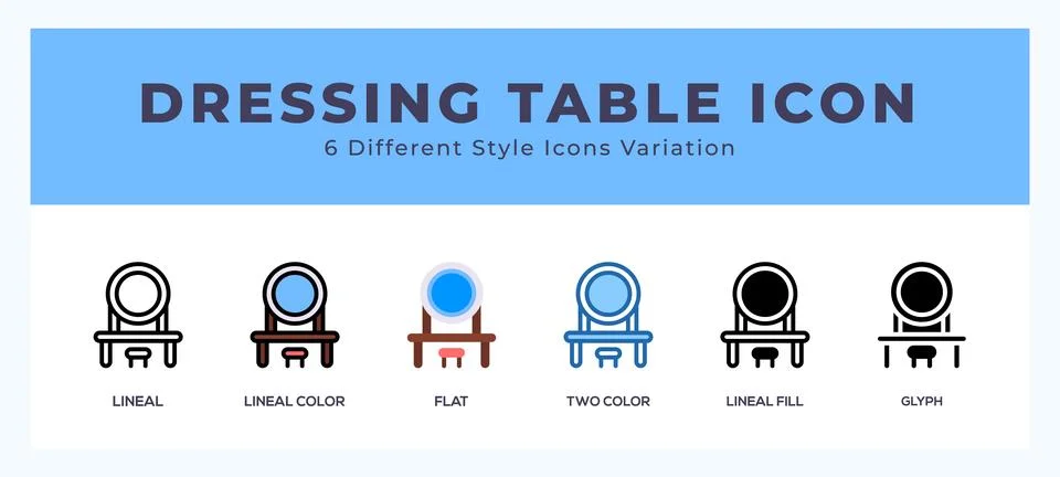 Dressing table icon set. outline. glyph black. flat color and filled line col Illustrazione stock