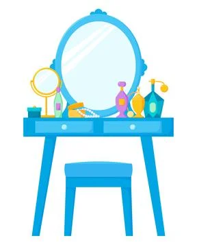 Dressing table with mirror and chair, female boudoir with cosmetics, perfume Stock Illustration