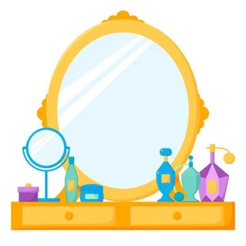Dressing table with mirror and drawers, female boudoir with cosmetics and Stock Illustration