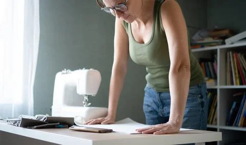 Dressmaker inspecting pattern on fabric at table Fotos Stock
