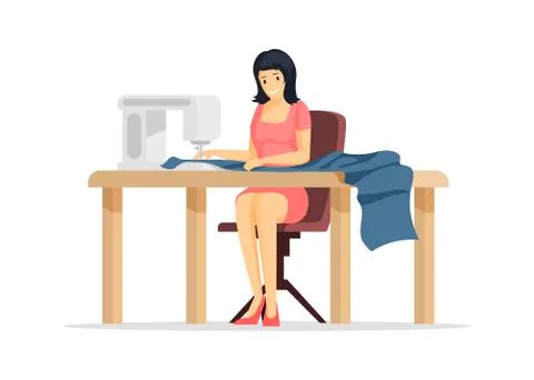 Dressmaking process flat vector illustration. Young sewing factory worker Stock Illustration