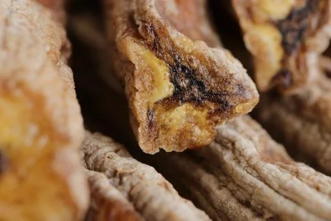 Dried Bananas Stack Snack. Macro Closeup. Sweet Tasty Tropical Desert. Stock Photos