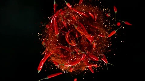 Dried chilli peppers explosion. Slow Motion. Stock Footage 175308150
