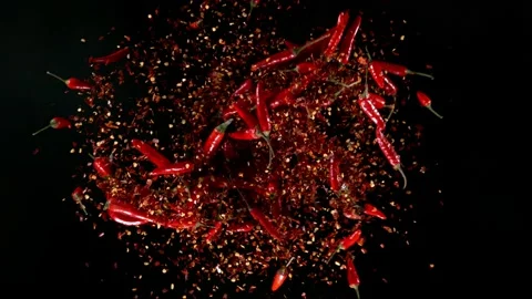 Dried chilli peppers explosion. Slow Motion. Stock Footage 201595879