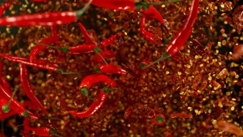 Dried chilli peppers explosion. Slow Motion. Stock Footage 250450300
