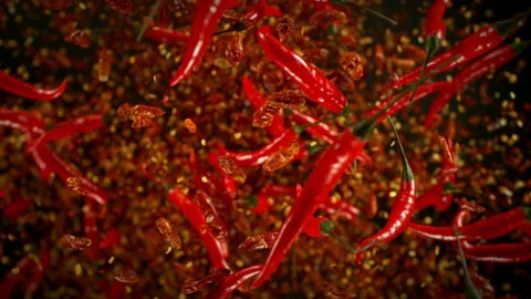 Dried chilli peppers explosion. Slow Motion. Stock Footage 257000147