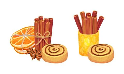 Dried Cinnamon Bark Strips or Sticks with Bun and Orange Slices Vector Set Stock-Illustration