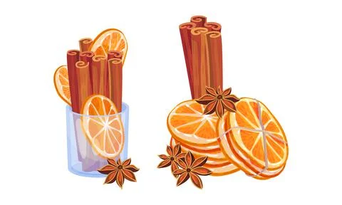 Dried Cinnamon Bark Strips or Sticks with Orange Slices Vector Set Stock-Illustration