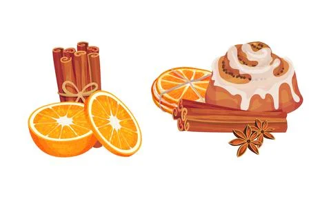 Dried Cinnamon Bark Strips or Sticks with Bun and Orange Slices Vector Set Stock-Illustration