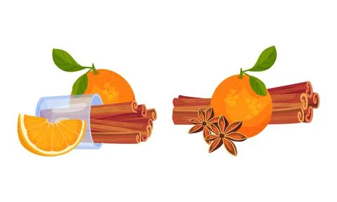 Dried Cinnamon Bark Strips or Sticks with Orange Fruit Vector Set Stock-Illustration