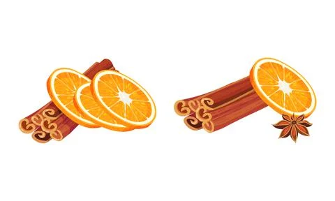 Dried Cinnamon Bark Strips or Sticks with Orange Slices Vector Set Stock-Illustration