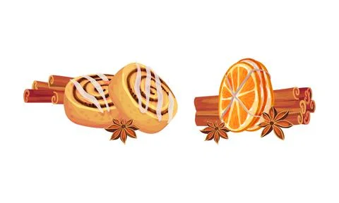 Dried Cinnamon Bark Strips or Sticks with Bun and Orange Slices Vector Set Stock Illustration