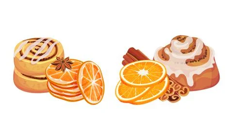 Dried Cinnamon Bark Strips or Sticks with Bun and Orange Slices Vector Set Stock Illustration