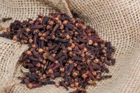Dried cloves on sack background. Stock Photos