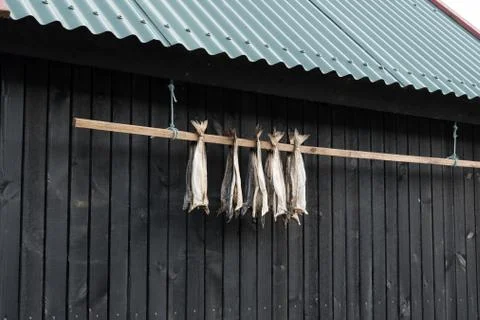 Dried cod outside a house in the Faroe Islands Stock Photos