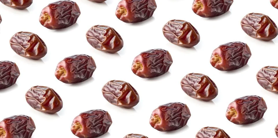 Dried date pattern isolated on white, from above Stock Photos