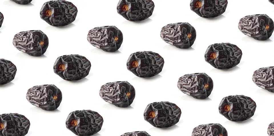 Dried date pattern isolated on white, from above Stock Photos