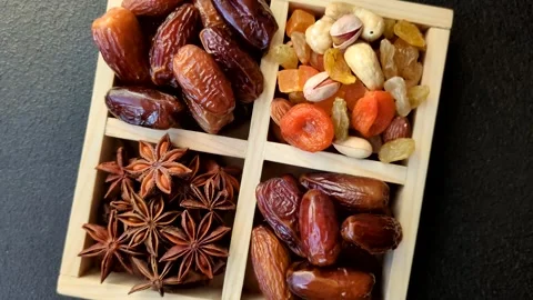 Dried dates on a ceramic plate for Ramadan or Iftar. Dates fruit as a background Stock Footage 331163198
