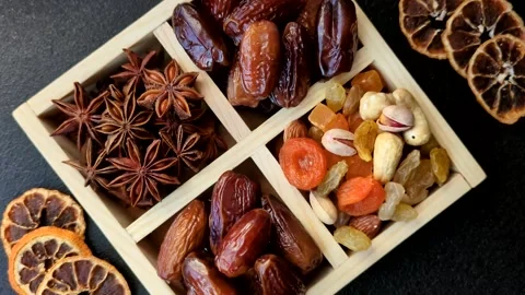 Dried dates on a ceramic plate for Ramadan or Iftar. Dates fruit as a background Stock Footage 331163199