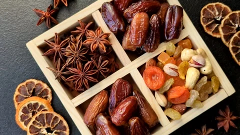 Dried dates on a ceramic plate for Ramadan or Iftar. Dates fruit as a background Stock Footage 331163201