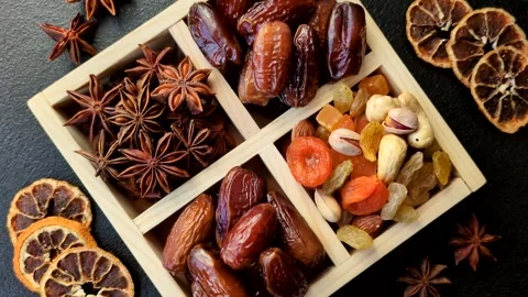Dried dates on a ceramic plate for Ramadan or Iftar. Dates fruit as a background Stock Footage 331163203