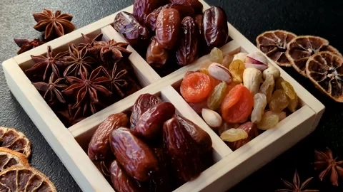 Dried dates on a ceramic plate for Ramadan or Iftar. Dates fruit as a background Stock Footage 331163204