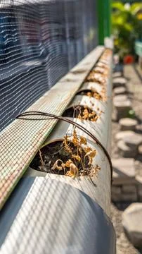 Dried dead plants in a hydroponic PVC pipe system Stock Photos