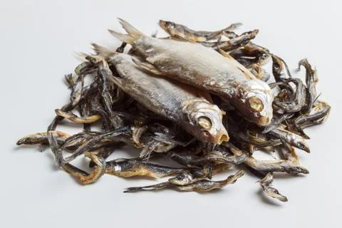 Dried dried fish on a gray background Stock Photos