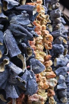 Dried Eggplant And Pepper Strings Stock Photos