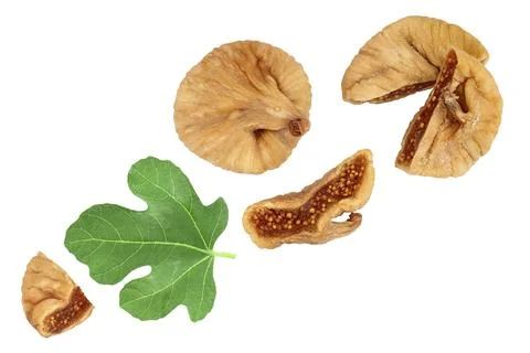 Dried fig isolated on white background with full depth of field. Top view. Flat Stock Photos