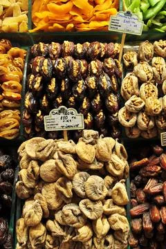 Dried figs and dates. Dates and figs with walnuts. Stock Photos