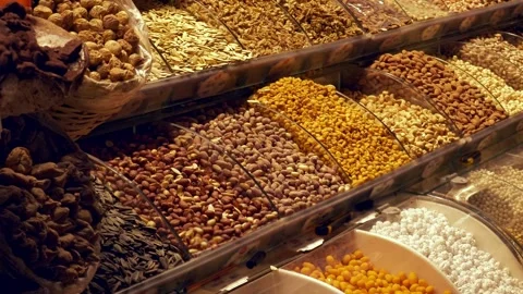 Dried figs and nuts. Istanbul street market Stock Footage 255213684