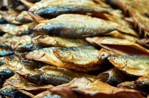 Dried fish close up on the counter of the store Stockfoto's