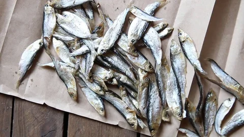 Dried fish for cooking at market Stock Footage