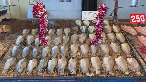 Dried Fish Fillets at Vendor Stall Thai Street Open Market Drying Rack Display Stock Footage 222647346
