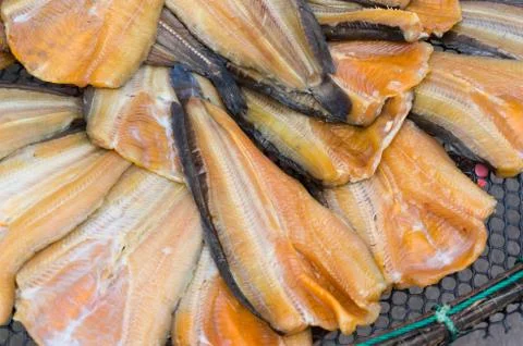 Dried fish on the plastic grid Stock Photos
