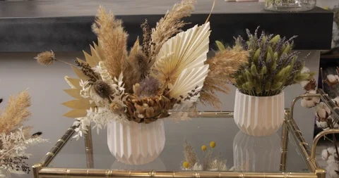 Dried Flower Compositions In A White Pot. Stock Footage 124201054