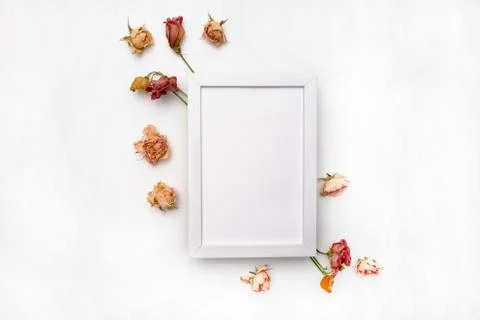 Dried flowers composition. Frame made of dried rose. Flat lay, top view Foto stock