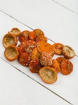 Dried fly agaric on a white background. Stock Photos