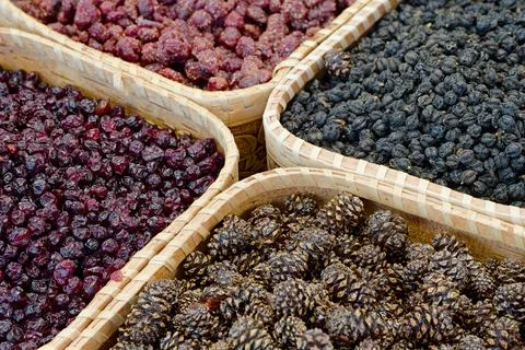 Dried forest berries in a baskets Stock Photos