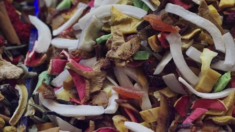 Dried fruit and vegetable mix prepared in a market Stock Footage 335672423