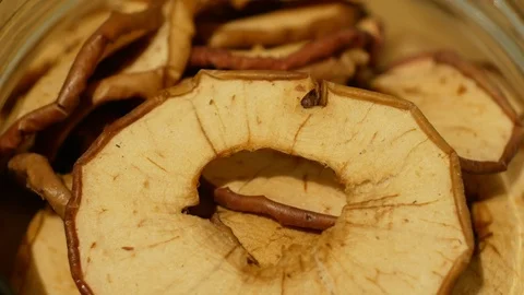 Dried fruit apples slice, organic ecological food bio in a glass for sale Stock Footage 111443097