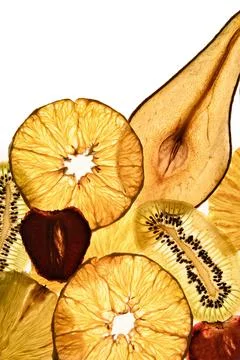 Dried fruit chips on a white background. Diet food. Natural and healthy snacks.  Stock Photos