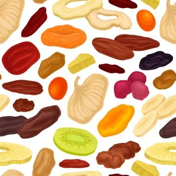 Dried Fruits Seamless Pattern Design with Healthy Sweet Snack Vector Template Stock Illustration