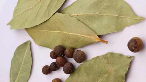 Dried green bay leaf and black allspice peas pepper, rotation in circle Stock Footage 246800200
