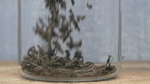 Dried Green Tea Leaves elegantly presented in a beautiful Glass Jar for storage Stock Footage 288693455