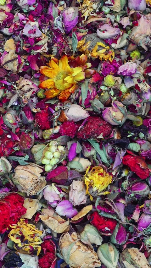 Dried Herbal Tea Flower Mix Flat Lay Vertical Video 스톡 동영상 345087093