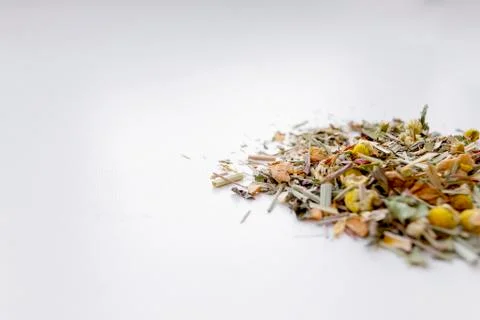 Dried herbal tea on white background. Closeup photo Stock Photos