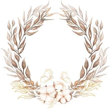 Dried herbs and cotton bouquet wreath in watercolor. Dried leaves branch Stock Illustration